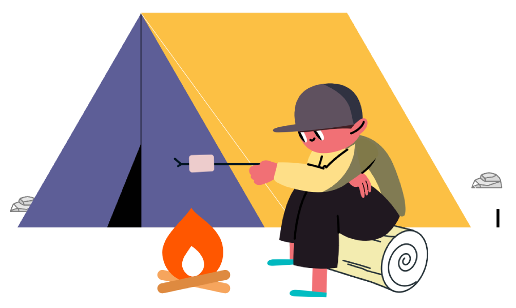 Illustrated camper roasting marshmallows by a campfire